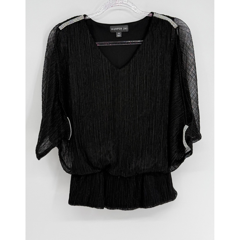 Harper 241 Womens Black Plisse Pleated V-Neck Dolman Rhinestone‎ Blouse Sz PS